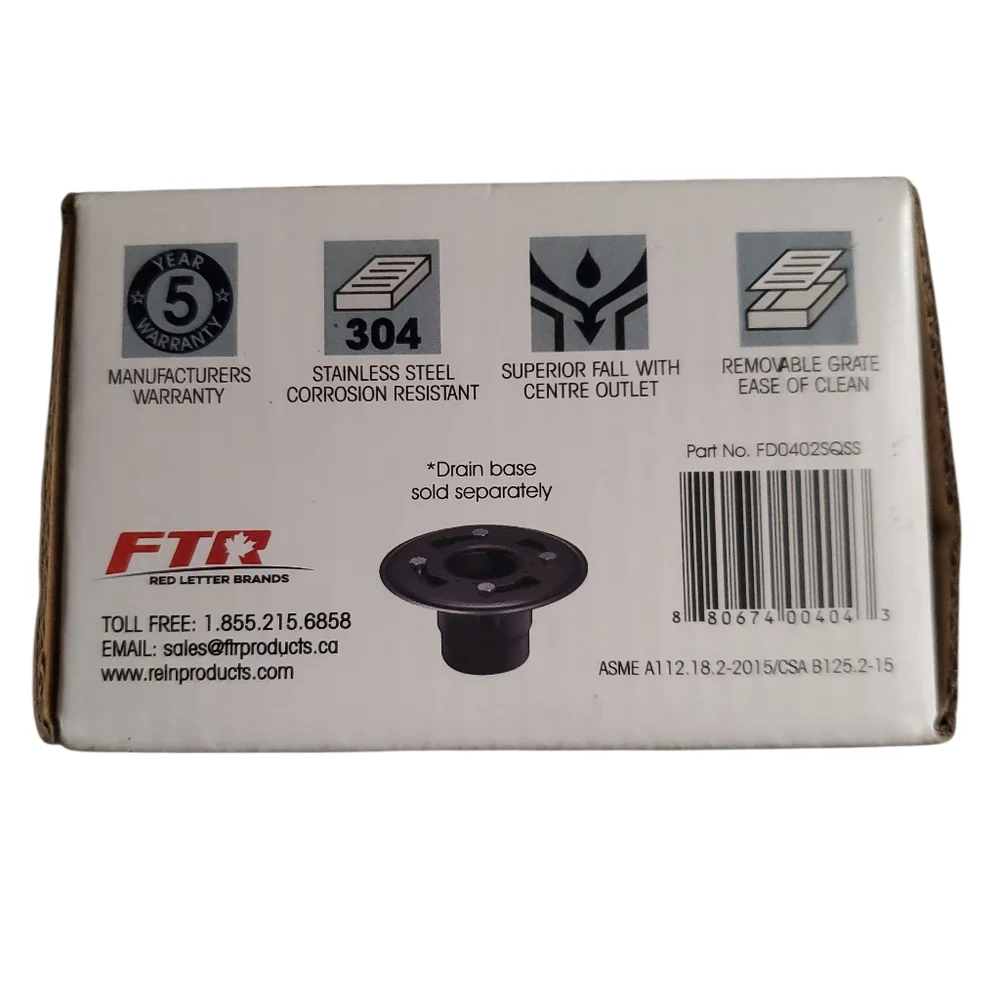 Reln 4x4 Shower Drain with Square Stainless Steel Grate NIB
